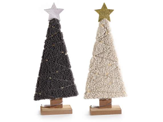 Albero Natale legno rivestito effetto lana con luci e stella