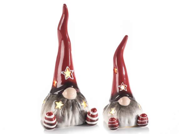 Set 2 Babbo Natale in ceramica da appoggiare con luci LED