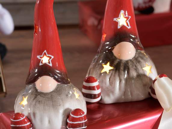 Set 2 Babbo Natale in ceramica da appoggiare con luci LED