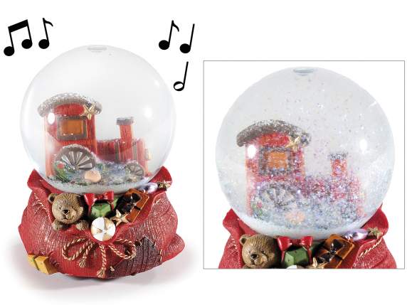 Palla a neve carillon con treno e decori natalizi in resina