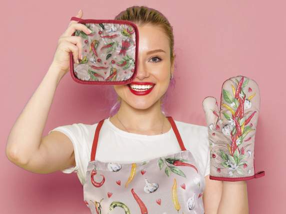 Set guanto e presina in cotone stampa peperoncino