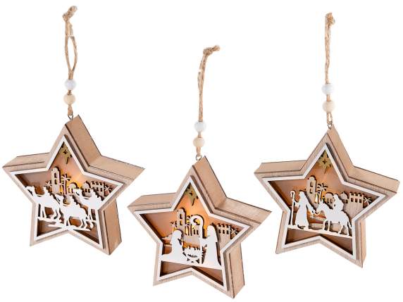 Stellina in legno con decori natività con luci LED
