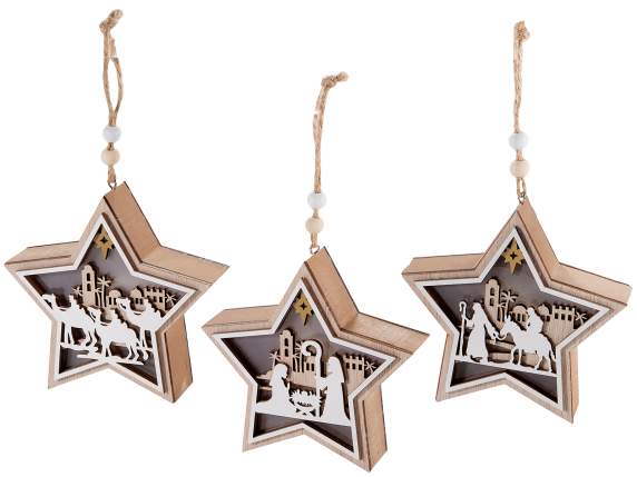 Stellina in legno con decori natività con luci LED