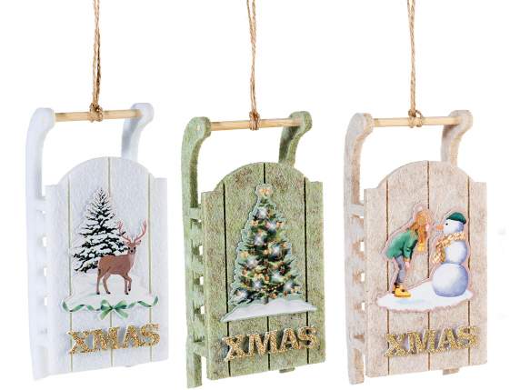 Slitta in panno da appendere con decorazione stampata