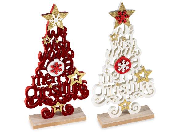 Albero Natale in legno decorato con scritte effetto velluto