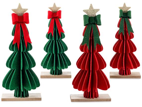 Set 2 alberi in panno con fiocco e stella su base in legno