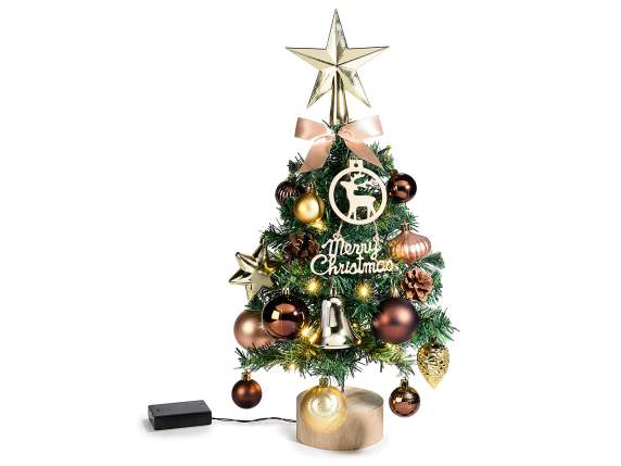 Albero di Natale con decorazioni e luci LED su base in legno