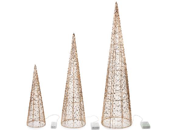 Set 3 alberi natalizi in metallo con luci LED bianco caldo