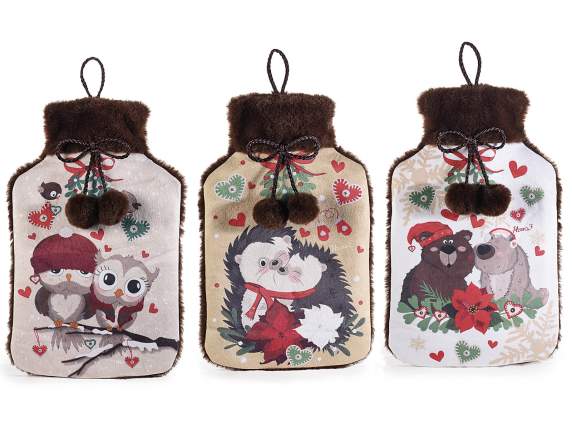 Borsa acqua calda con rivestimento morbido eco-fur e pompon