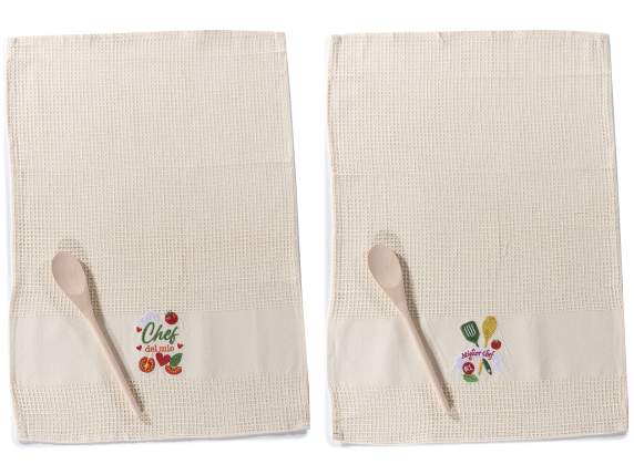 Asciugapiatti in cotone ricamato con cucchiaio in legno