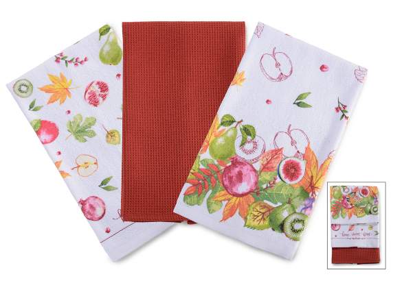Set 3 asciugapiatti in cotone foglie e frutti