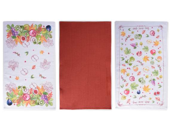 Set 3 asciugapiatti in cotone foglie e frutti