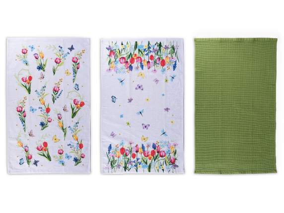 Set 3 asciugapiatti in cotone con stampa floreale