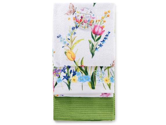 Set 3 asciugapiatti in cotone con stampa floreale
