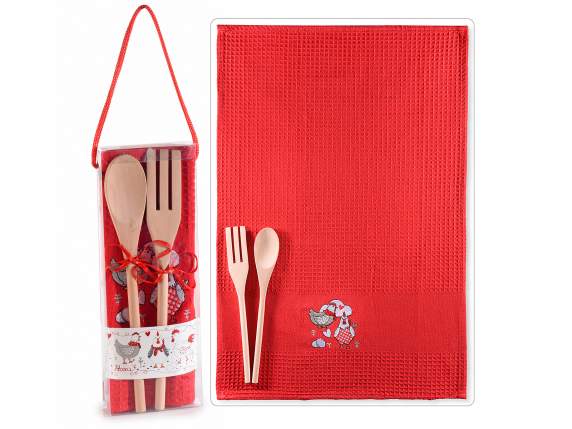 Conf. regalo asciugapiatti cotone ricamato e 2 posate legno