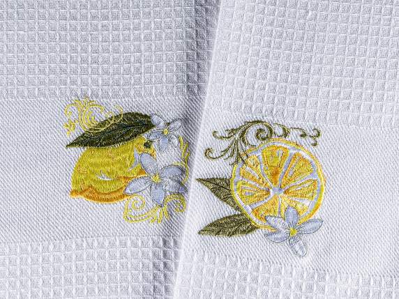 Asciugapiatti cotone ricamato limoni con cucchiaio in legno