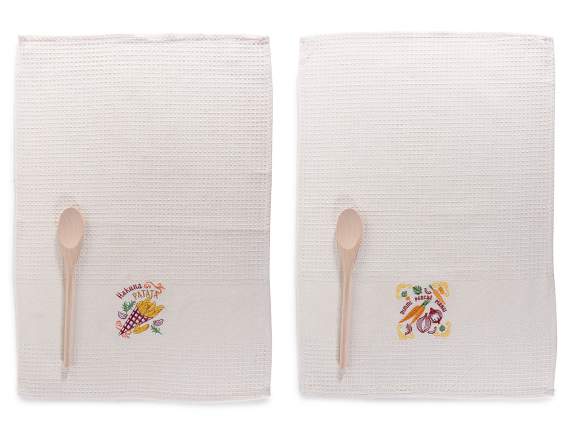 Asciugapiatti ricamato in cotone con cucchiaio legno