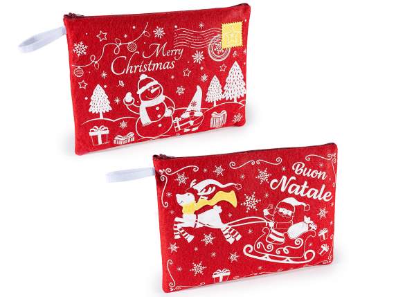 Astuccio panno con chiusura zip, stampa e scritta natalizia