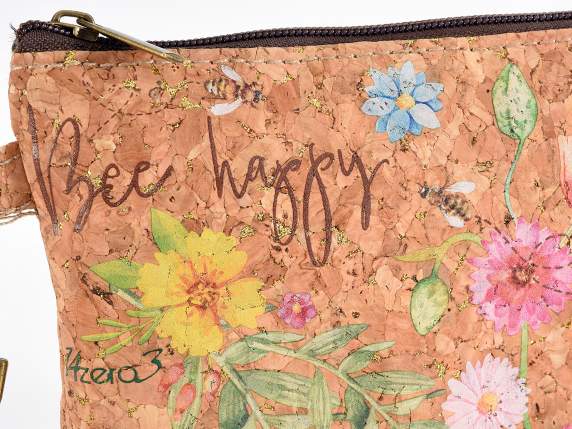 Pochette in sughero con zip, laccetto e decoro Bee Honey