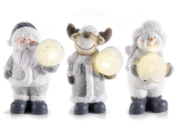 Personaggio natalizio terracotta c-palla di neve c-luce LED