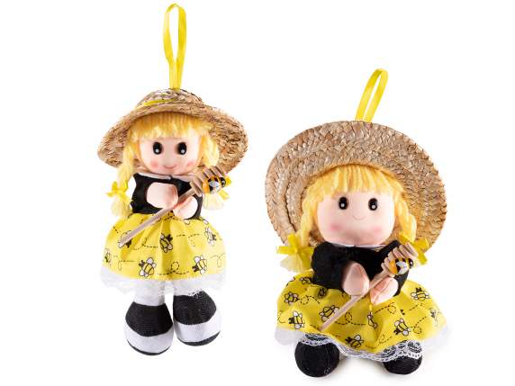 Bambola in stoffa con cappello paglia abito api e coglimiele