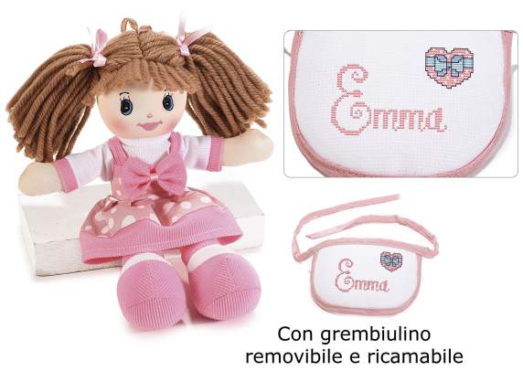 Bambola in stoffa con grembiule removibile e ricamabile