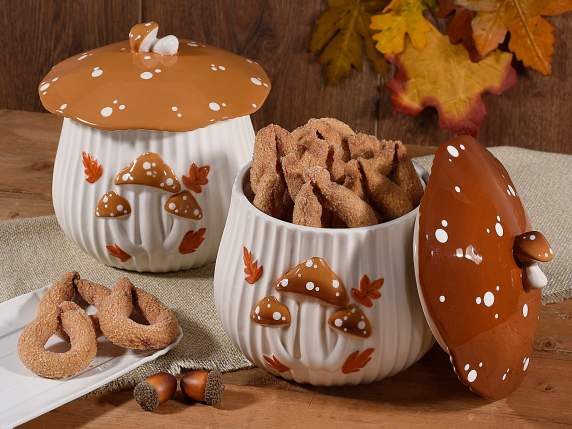 Barattolo alimentare fungo in ceramica con decori in rilievo