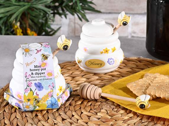 Barattolo portamiele 150 ml in ceramica, coglimiele in legno