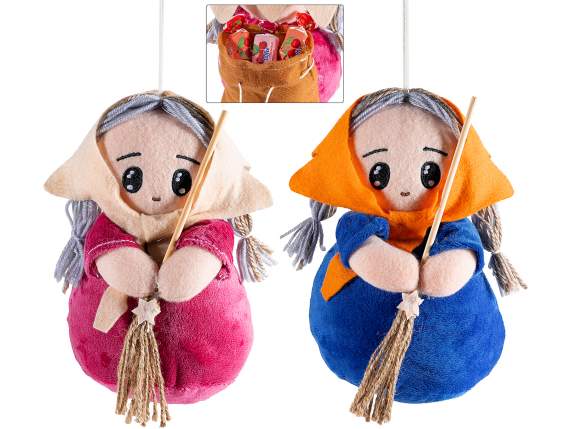 Befana - Strega portadolci in stoffa da appendere con scopa