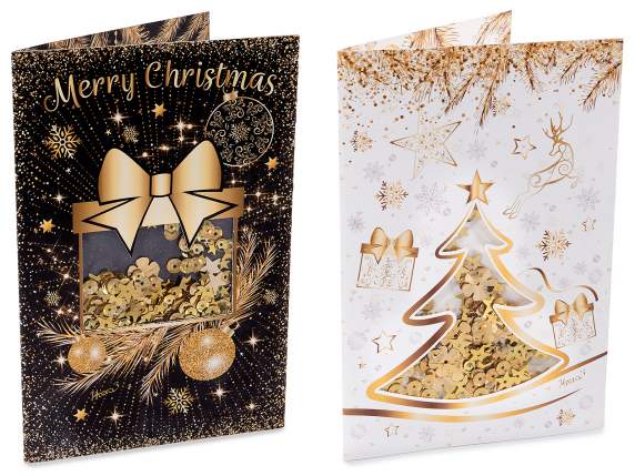 Biglietto di auguri con finestra di paillettes oro movibili