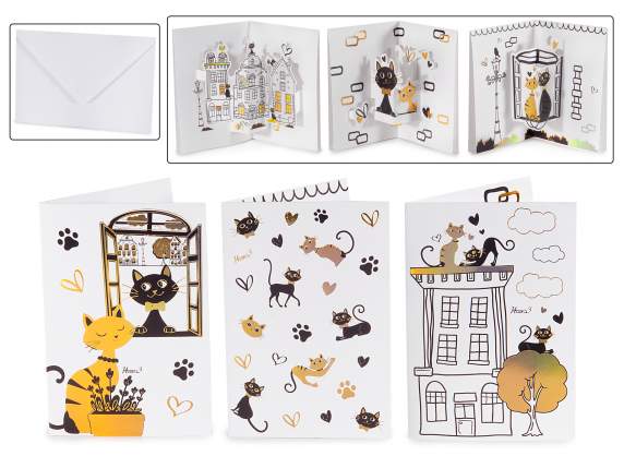 Biglietto auguri pop-up gatto con busta e dettagli dorati