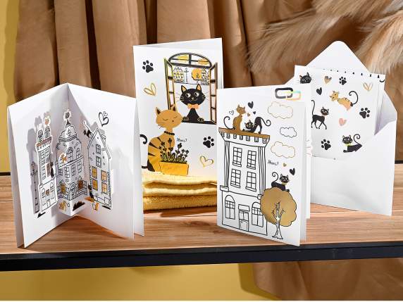 Biglietto auguri pop-up gatto con busta e dettagli dorati