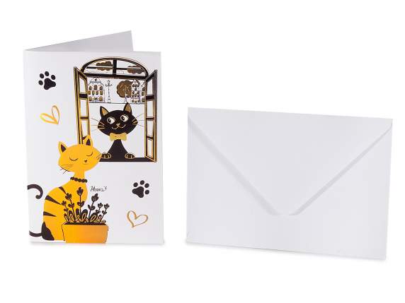 Biglietto auguri pop-up gatto con busta e dettagli dorati