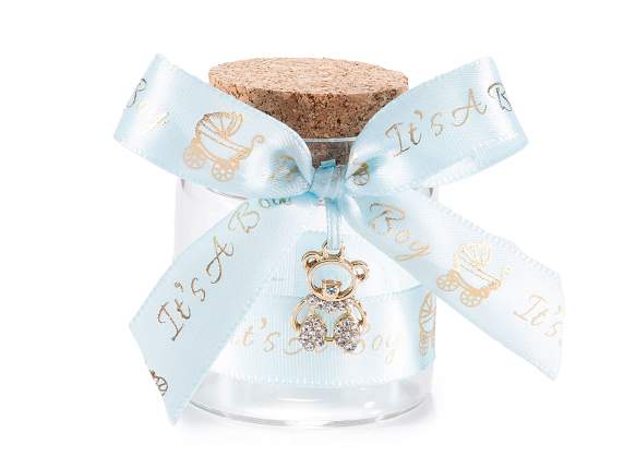 Provetta portaconfetti con fiocco azzurro e pendente orsetto