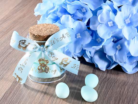 Provetta portaconfetti con fiocco azzurro e pendente orsetto