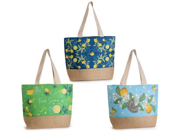 Borsa mare in tessuto con base in juta stampa Limoni