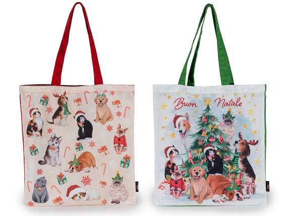 Borsa in tessuto con manico colorato decori animali natalizi