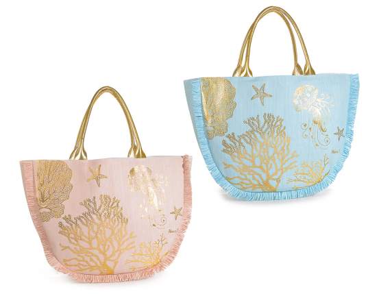 Borsa in rafia Mare con frange e stampa e manici dorati