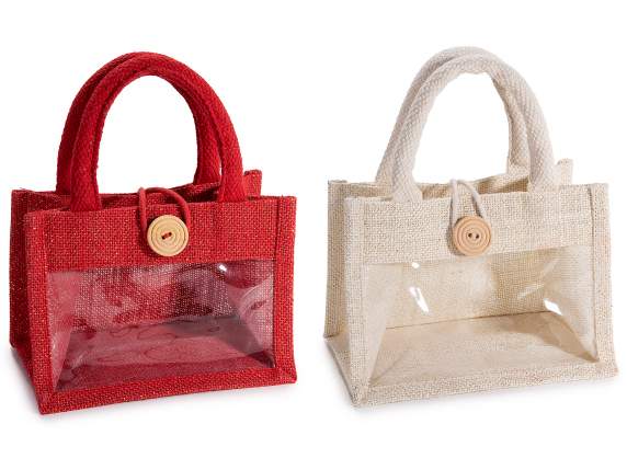 Borsetta in juta con lurex oro, finestra, manici e bottone