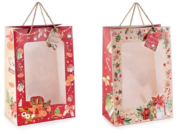 Borsa in carta natalizia con finestra e tag abbinato