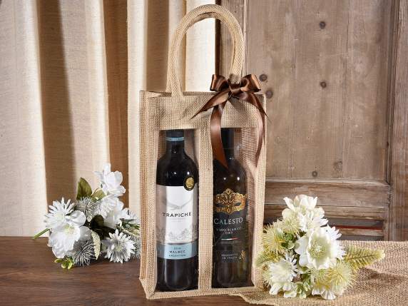 Borsa portabottiglia doppia in juta con finestra e manici