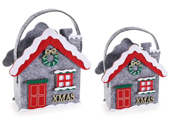 Set 2 borsette in panno casetta di Natale c-dettagli glitter