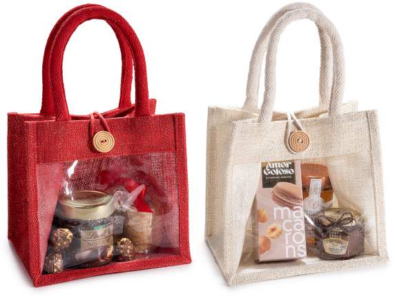 Borsetta in juta con lurex oro, finestra, manici e bottone