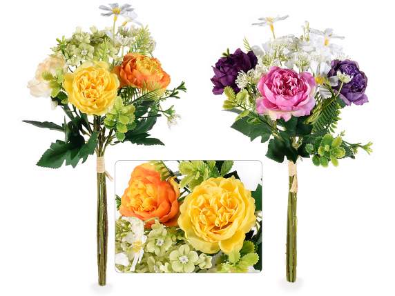 Bouquet peonie e gelsomino artificiali con nastrino in rafia