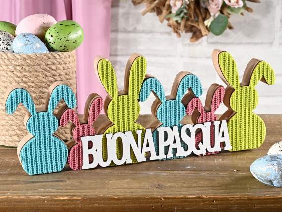 Scritta Buona Pasqua in legno con coniglietti in maglina