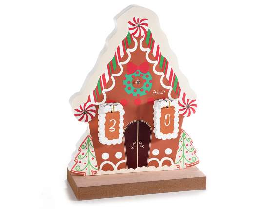 Calendario Avvento in legno a casetta pan zenzero con luci