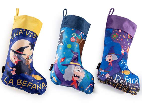 Calza Befana in morbida stoffa stampata da appendere