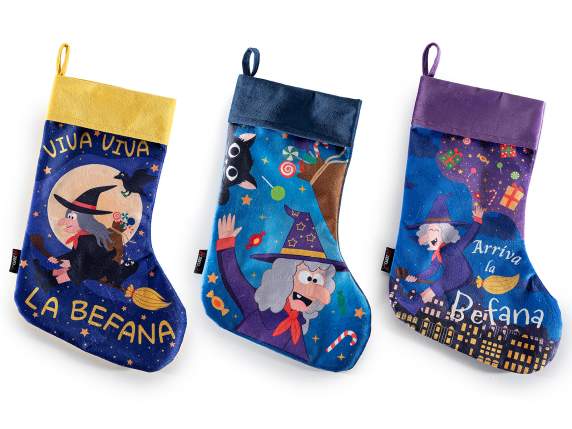 Calza Befana in morbida stoffa stampata da appendere