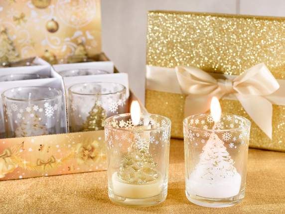 Candela albero di Natale in vasetto di vetro decorato