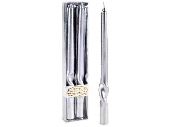 Scatola 2 candele stelo torchon color argento metalizzato